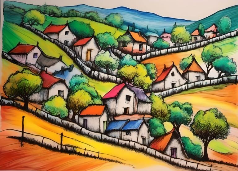 Crayon Drawing,Crayon Drawing, Village, village, no humans, tree, outdoors, traditional media, house, scenery