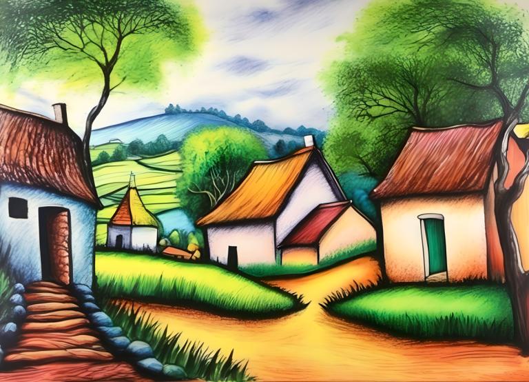 Crayon Drawing,Crayon Drawing, Village, village, no humans, tree, outdoors, day, cloud, sky, house, grass