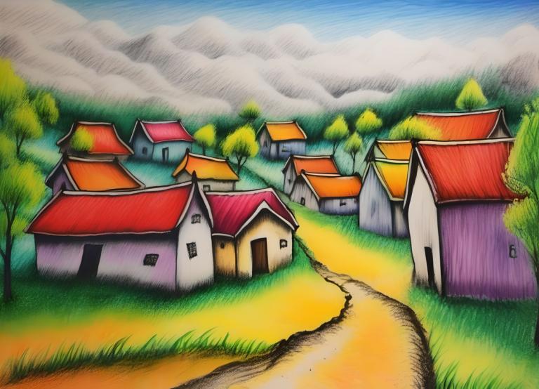 Crayon Drawing,Crayon Drawing, Village, village, no humans, outdoors, day, tree, grass, sky, house, blue sky