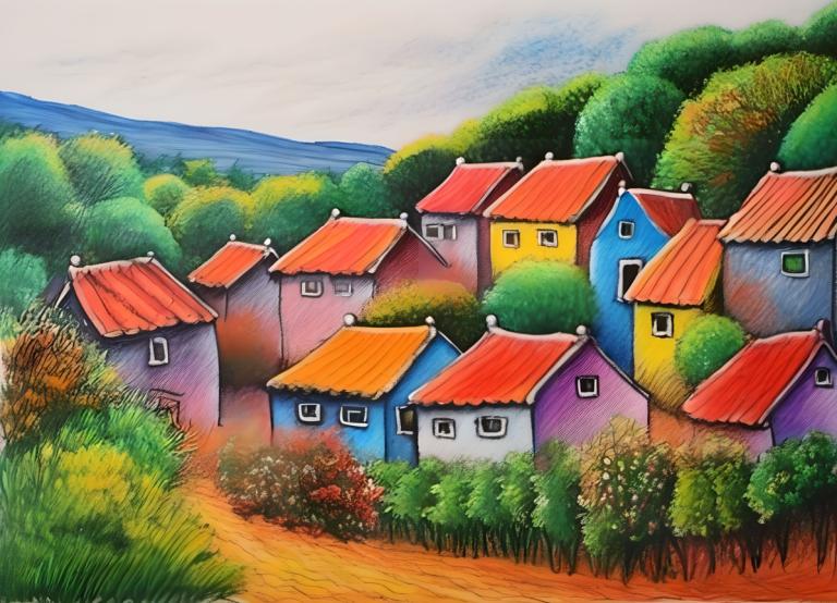 Crayon Drawing,Crayon Drawing, Village, village, no humans, outdoors, day, grass, tree, house, sky, bush