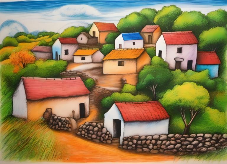 Crayon Drawing,Crayon Drawing, Village, village, no humans, tree, outdoors, day, sky, cloud, grass, house