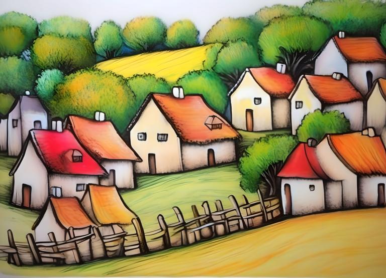 Crayon Drawing,Crayon Drawing, Village, village, no humans, tree, outdoors, day, fence, house, grass, bush