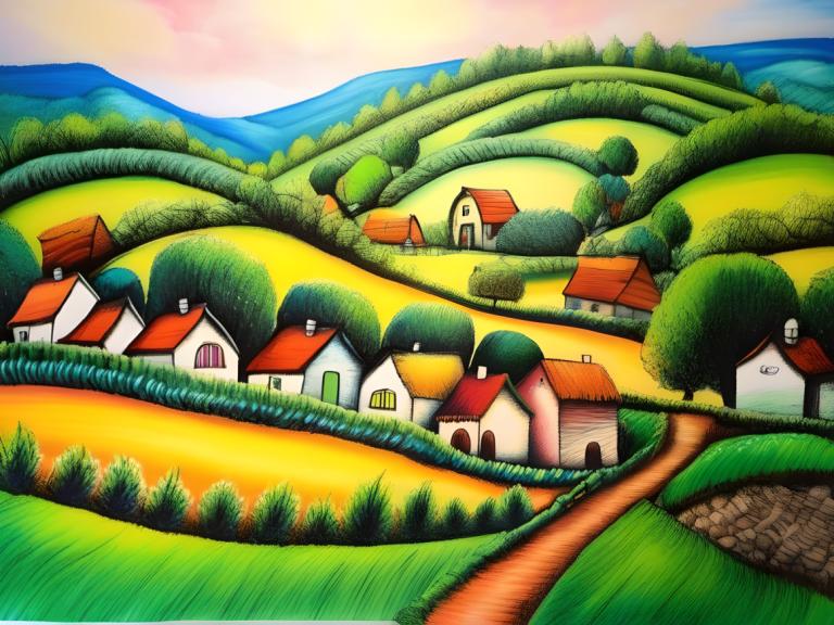 Crayon Drawing,Crayon Drawing, Village, village, no humans, outdoors, house, grass, tree, sky