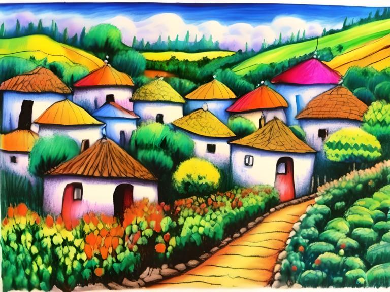 Crayon Drawing,Crayon Drawing, Village, village, no humans, day, outdoors, cloud, sky, tree, blue sky, house