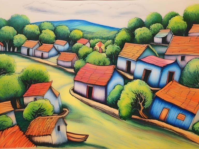 Crayon Drawing,Crayon Drawing, Village, village, no humans, tree, outdoors, scenery, day, traditional media