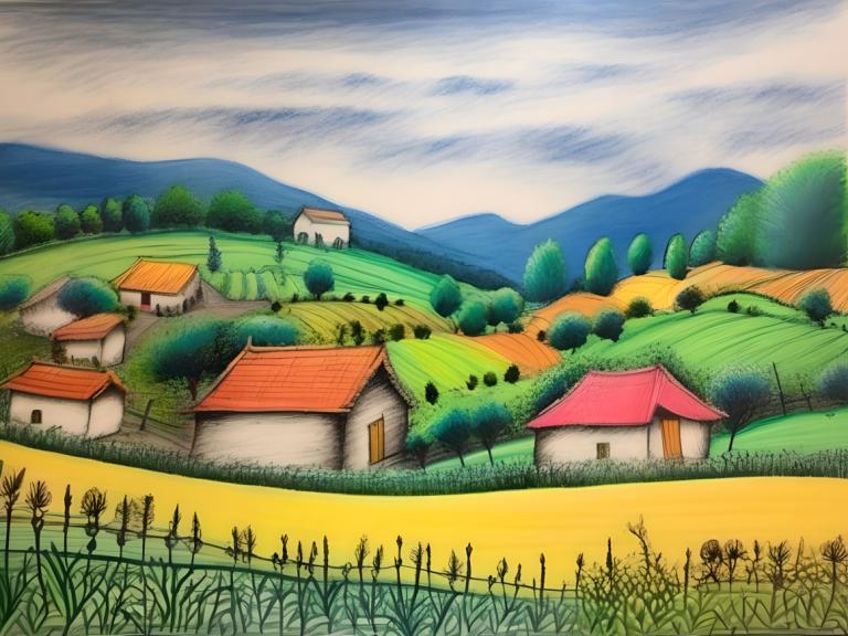 Crayon Drawing,Crayon Drawing, Village, village, no humans, outdoors, cloud, scenery, sky, house, tree, grass