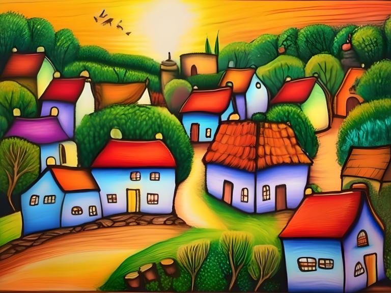 Crayon Drawing,Crayon Drawing, Village, village, no humans, outdoors, tree, sunset, house, bird, sun, sky