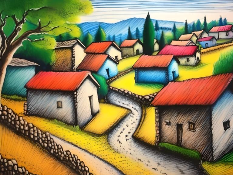 Crayon Drawing,Crayon Drawing, Village, village, no humans, outdoors, tree, day, sky, house, blue sky