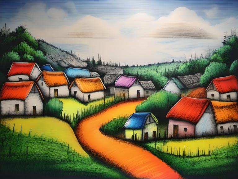 Crayon Drawing,Crayon Drawing, Village, village, no humans, cloud, house, outdoors, sky, tree, grass, day