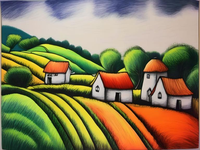 Crayon Drawing,Crayon Drawing, Village, village, no humans, cloud, sky, outdoors, tree, traditional media