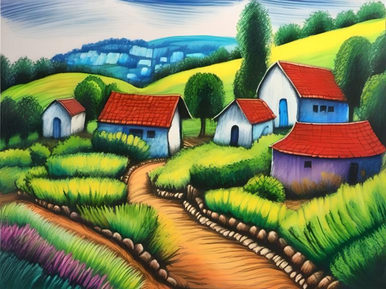 Crayon Drawing,Crayon Drawing, Village, village, no humans, outdoors, day, grass, tree, sky, house, scenery