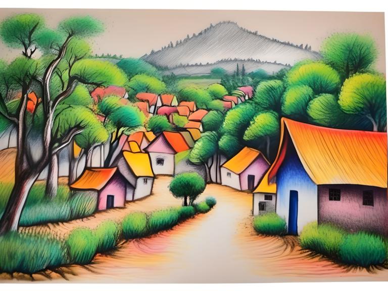 Crayon Drawing,Crayon Drawing, Village, village, no humans, tree, outdoors, traditional media, house, grass