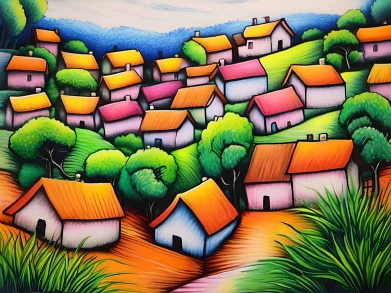 Dessin au crayon,Dessin au crayon, Village, village, pas d'humains, herbe, en plein air, ciel, arbre, jour