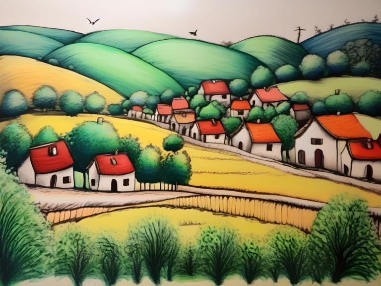 Crayon Drawing,Crayon Drawing, Village, village, no humans, outdoors, grass, tree, house, bird, day, scenery