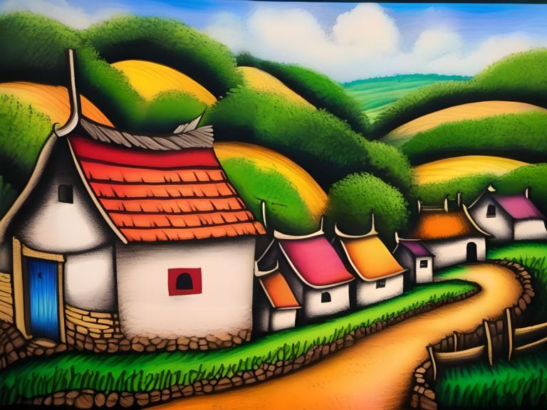 Crayon Drawing,Crayon Drawing, Village, village, no humans, house, sky, cloud, outdoors, day, grass, blue sky