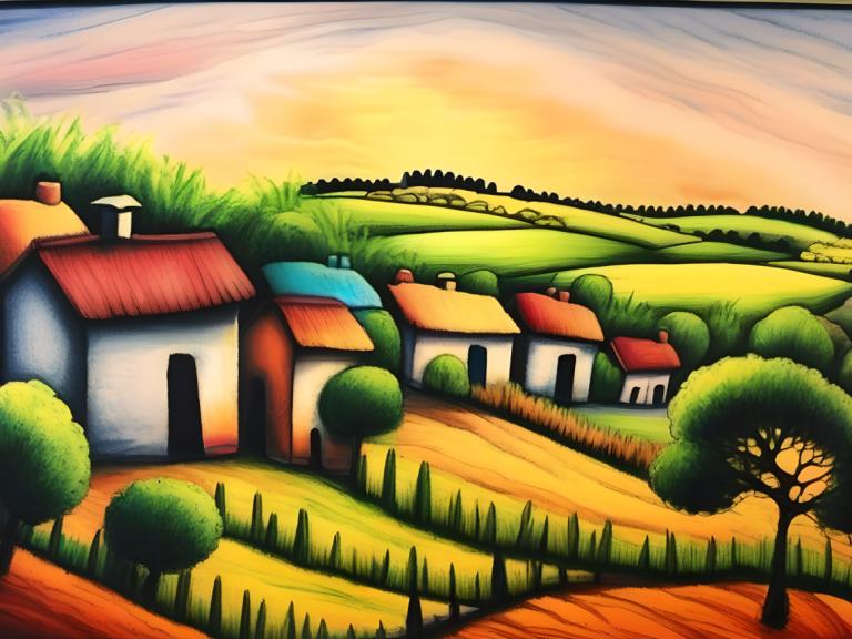 Crayon Drawing,Crayon Drawing, Village, village, no humans, tree, outdoors, scenery, grass, house, sunset