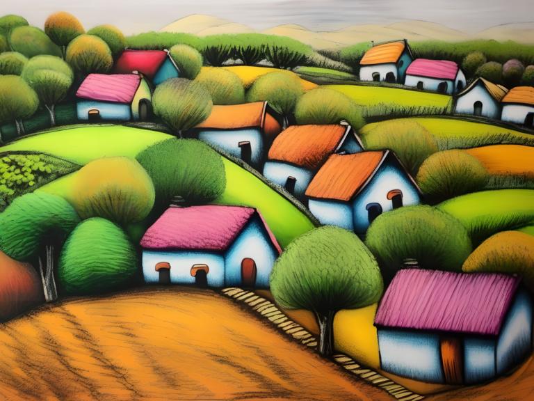 Crayon Drawing,Crayon Drawing, Village, village, no humans, outdoors, tree, day, house, sky, scenery