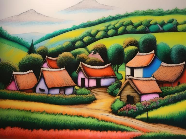 Crayon Drawing,Crayon Drawing, Village, village, no humans, outdoors, house, grass, day, tree, scenery, sky