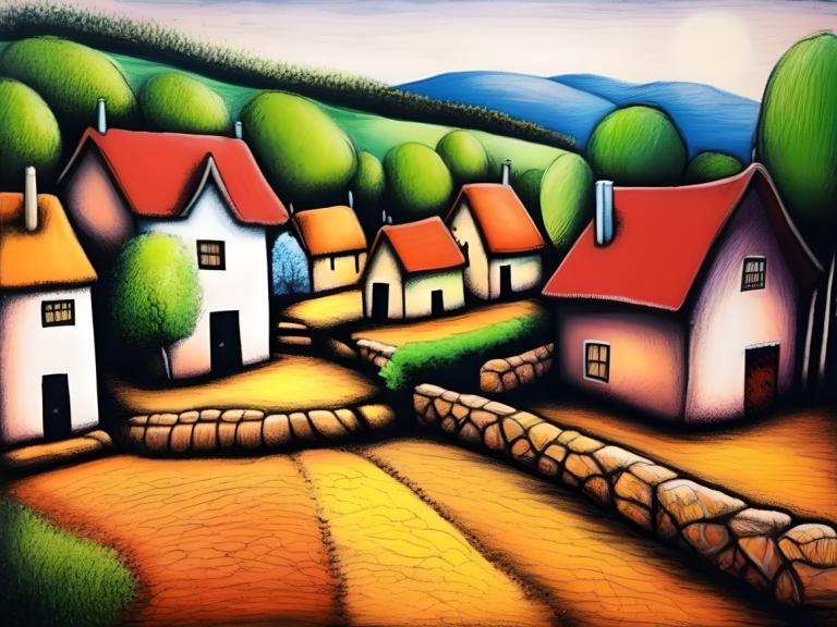 Crayon Drawing,Crayon Drawing, Village, village, no humans, house, outdoors, tree, grass, day, window, sky