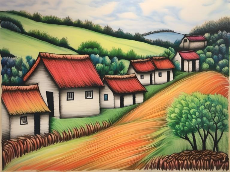 Crayon Drawing,Crayon Drawing, Village, village, no humans, outdoors, tree, sky, cloud, house, day, grass