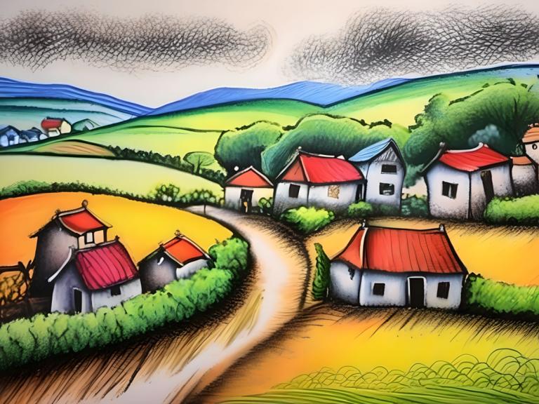 Crayon Drawing,Crayon Drawing, Village, village, no humans, house, outdoors, grass, sky, smoke, tree, day