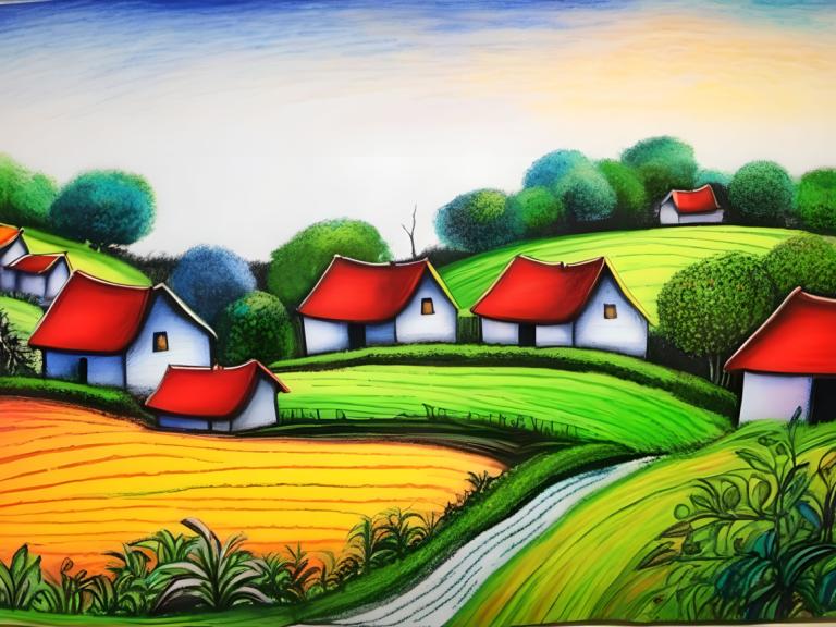 Crayon Drawing,Crayon Drawing, Village, village, no humans, outdoors, grass, tree, sky, house, day