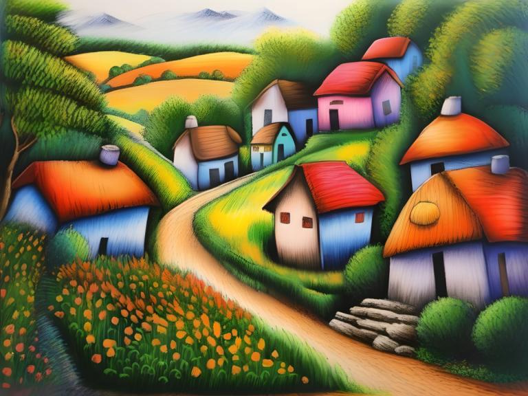 Crayon Drawing,Crayon Drawing, Village, village, no humans, tree, outdoors, day, house, flower, grass, path