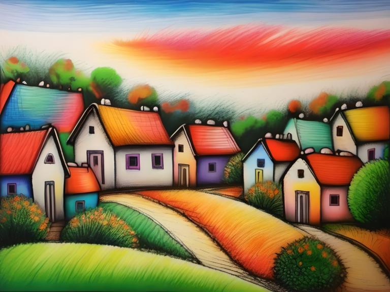 Crayon Drawing,Crayon Drawing, Village, village, no humans, house, outdoors, tree, bush, sky, grass, day