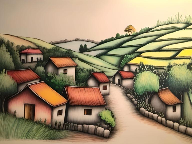 Crayon Drawing,Crayon Drawing, Village, village, tree, house, no humans, outdoors, grass, pokemon (creature)