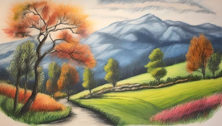 Crayon Drawing,Crayon Drawing, Nature, landscape, no humans, tree, outdoors, grass, scenery, mountain