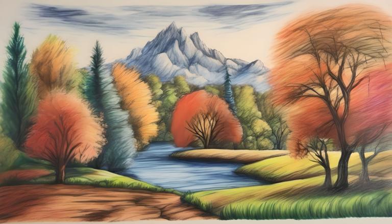 Crayon Drawing,Crayon Drawing, Nature, landscape, no humans, tree, outdoors, scenery, mountain, sky, day