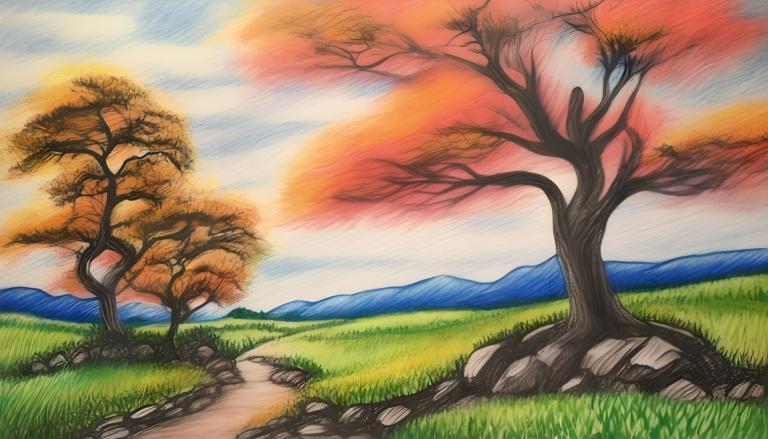 Crayon Drawing,Crayon Drawing, Nature, landscape, no humans, tree, grass, outdoors, sky, traditional media