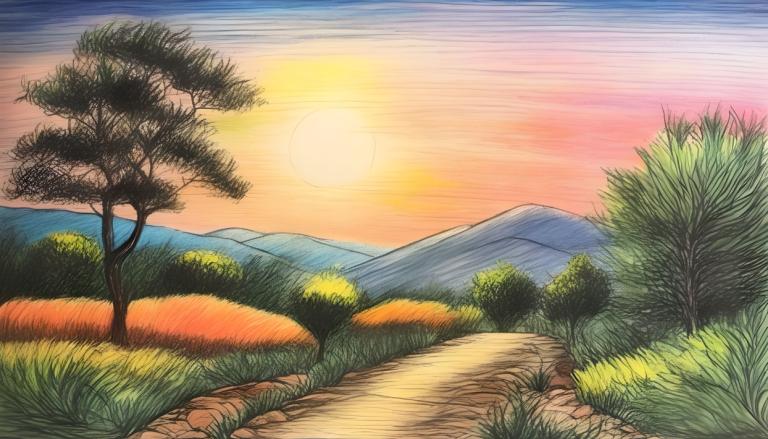 Crayon Drawing,Crayon Drawing, Nature, landscape, no humans, tree, outdoors, grass, scenery, sky, sunset, sun