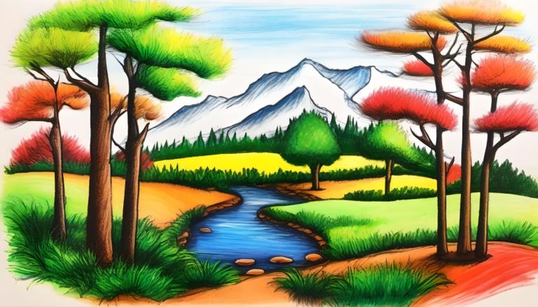 Crayon Drawing,Crayon Drawing, Nature, landscape, no humans, tree, grass, outdoors, day, traditional media