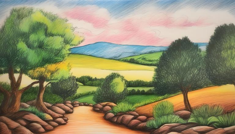 Crayon Drawing,Crayon Drawing, Nature, landscape, no humans, outdoors, tree, sky, cloud, grass, scenery, day