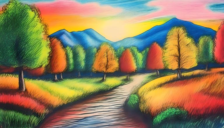 Crayon Drawing,Crayon Drawing, Nature, landscape, no humans, outdoors, tree, sky, scenery, grass, cloud