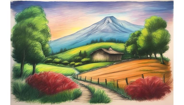 Crayon Drawing,Crayon Drawing, Nature, landscape, no humans, scenery, outdoors, grass, tree, mountain, sky