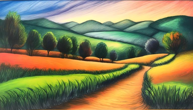 Crayon Drawing,Crayon Drawing, Nature, landscape, no humans, outdoors, scenery, grass, tree, sky, sunset