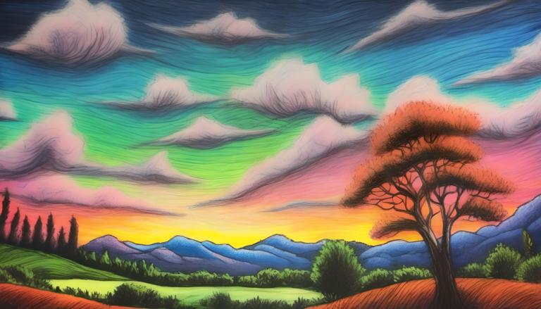 Crayon Drawing,Crayon Drawing, Nature, landscape, no humans, tree, cloud, sky, scenery, outdoors, grass