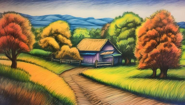 Crayon Drawing,Crayon Drawing, Nature, landscape, tree, outdoors, house, scenery, no humans, sky, grass