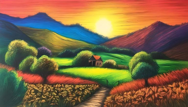 Crayon Drawing,Crayon Drawing, Nature, landscape, no humans, scenery, sunset, outdoors, mountain, house