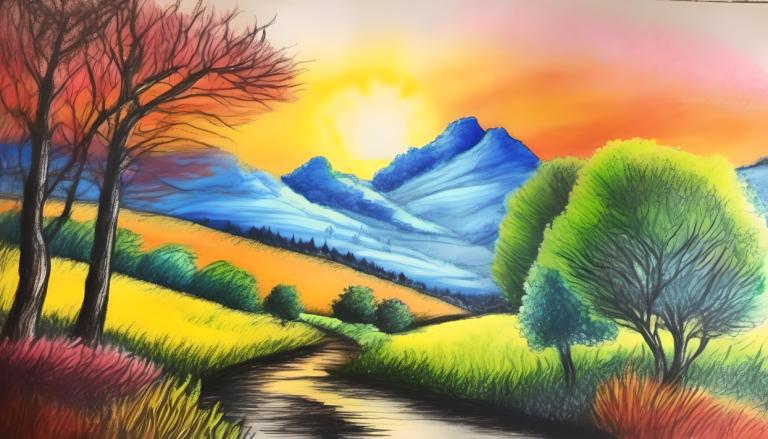 Crayon Drawing,Crayon Drawing, Nature, landscape, no humans, tree, scenery, outdoors, grass, sky, sunset