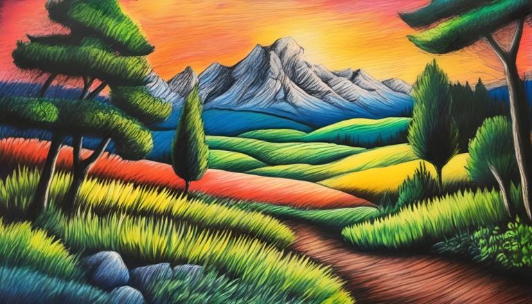 Crayon Drawing,Crayon Drawing, Nature, landscape, no humans, outdoors, grass, tree, scenery, sky, mountain