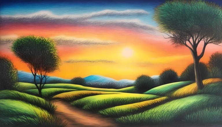 Crayon Drawing,Crayon Drawing, Nature, landscape, no humans, tree, scenery, grass, sky, outdoors, sunset