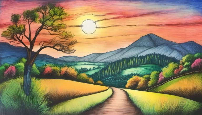 Crayon Drawing,Crayon Drawing, Nature, landscape, no humans, tree, outdoors, scenery, sky, sun, cloud, grass