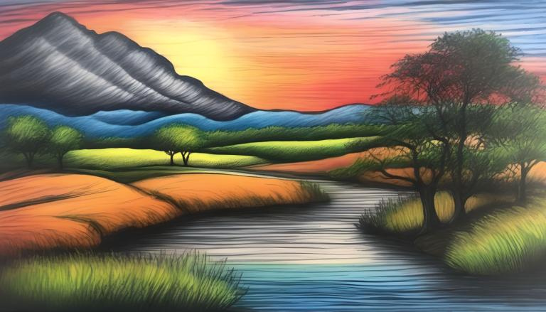 Crayon Drawing,Crayon Drawing, Nature, landscape, no humans, scenery, outdoors, tree, sunset, grass, sky