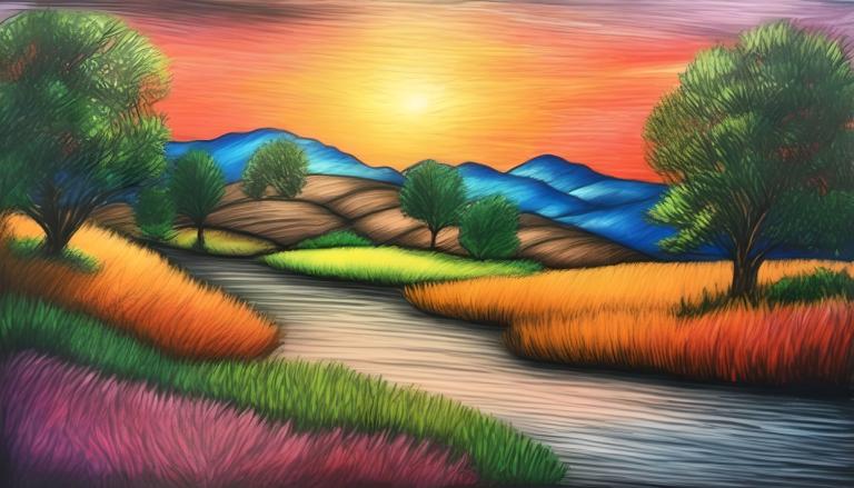 Crayon Drawing,Crayon Drawing, Nature, landscape, no humans, sunset, tree, outdoors, sky, scenery, grass