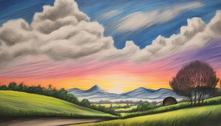 Crayon Drawing,Crayon Drawing, Nature, landscape, no humans, tree, scenery, cloud, sky, outdoors, grass