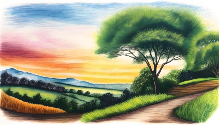 Crayon Drawing,Crayon Drawing, Nature, landscape, no humans, tree, outdoors, sky, scenery, grass, cloud