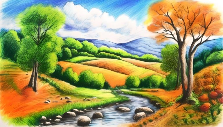 Crayon Drawing,Crayon Drawing, Nature, landscape, no humans, tree, outdoors, day, sky, cloud, scenery